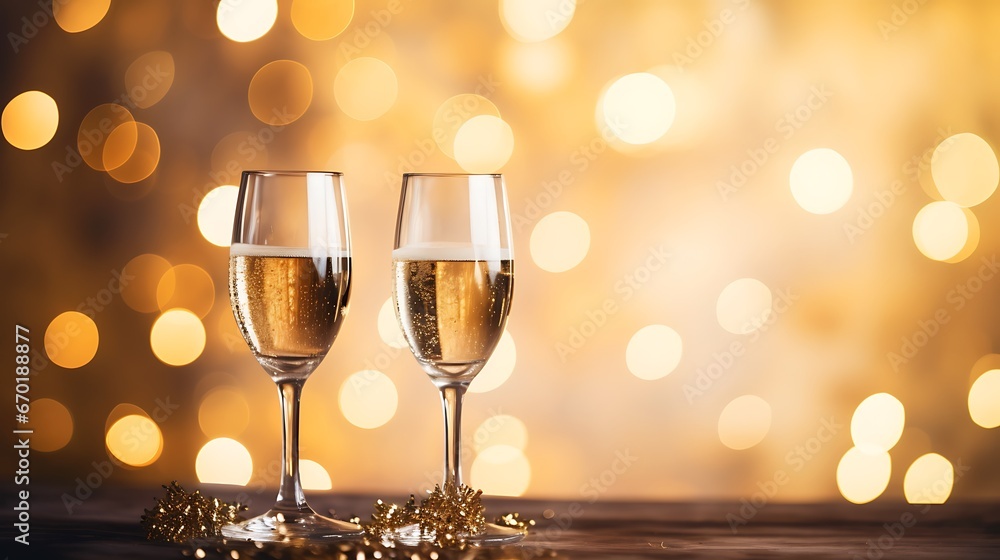 Happy New Year. Christmas and New Year holidays bokeh background with copy space. Toasting with champagne glasses against holiday lights. winter season