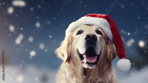 Cute golden retriever dog wearing Christmas red Santa Claus hat in snow falling sky scene. Winter Forest Landscape. Christmas Holidays. Christmas Card