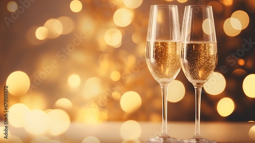 Happy New Year. Christmas and New Year holidays bokeh background with copy space. Toasting with champagne glasses against holiday lights. winter season