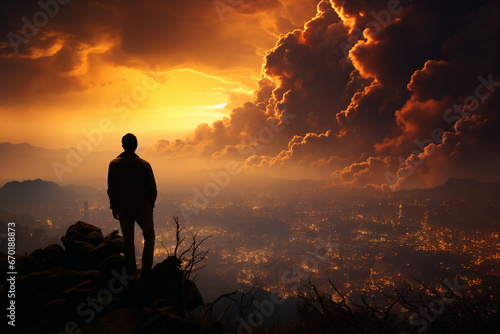 A man looks down from a mountain at a burning city.