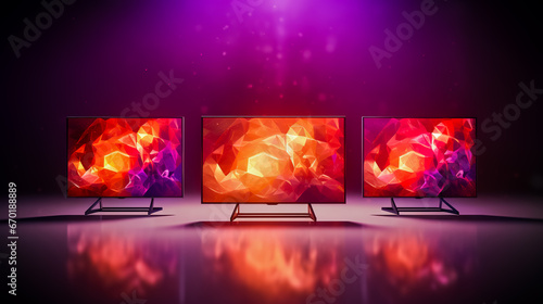 3 different sizes wide smart tv's with red backlight.