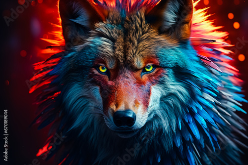 A blue and red wolf covered in peacock feathers.