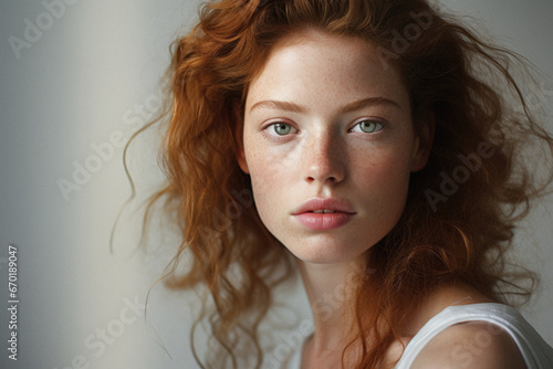Portrait of beautiful young woman with curly red hair in winter jacket. photo