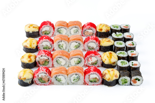 large appetizing set of rolls with salmon and seafood on a white background for a food delivery site 8