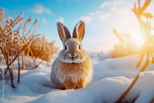 Adorable bunny in snowy field.