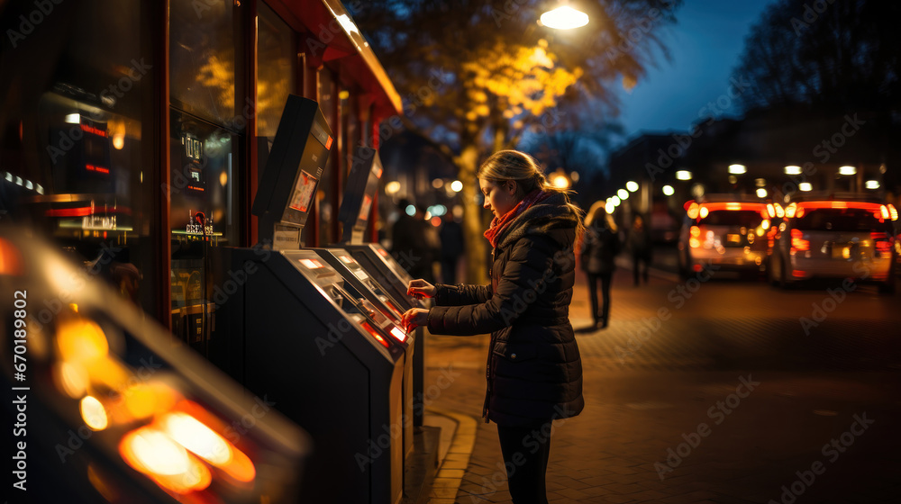 Young woman using a ticket machine at night in Paris, France.