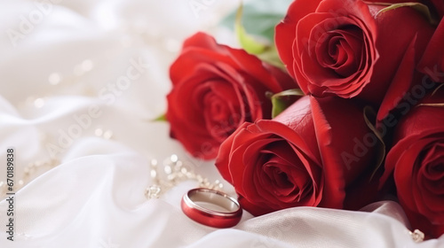 Wedding ring and red roses background  Romantic  Happy Valentine Day  Anniversary. Generative AI