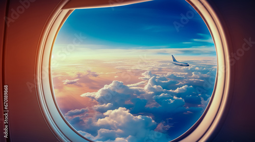 Airplain wing view window in the sky. Clouds and sky as seen through porthole of an aircraft with airplane s wing.