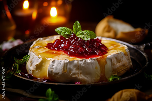 Baked Camembert cheese with cranberry sauce and mint on the table.