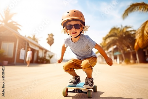 cute little boy in helmet riding skateboard on beach at sunset photo