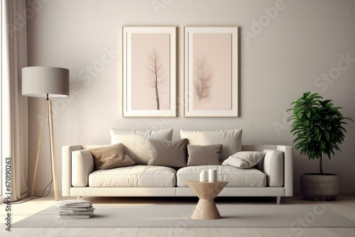 Minimalistic living room with neutral tones  large lamp  and nature view. Three picture frames adorn the space. High-Quality 3D illustration. Generative AI