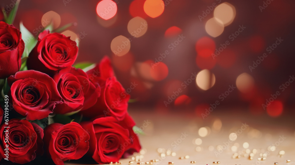 Romantic bouquet of red roses on bokeh background, Valentine Day, Anniversary, Wedding, Copy space for text. Generative AI Romantic bouquet of red roses on bokeh background, Valentine Day, Anniversary, Wedding, Copy space for text. Generative AI