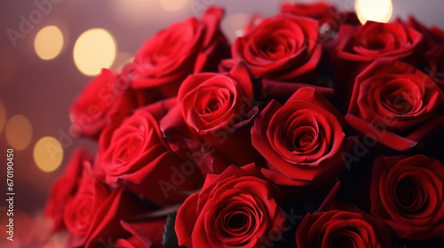 Romantic bouquet of red roses on bokeh background  Valentine Day  Anniversary  Wedding  Copy space for text. Generative AI