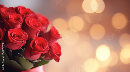 Romantic bouquet of red roses on bokeh background  Valentine Day  Anniversary  Wedding  Copy space for text. Generative AI