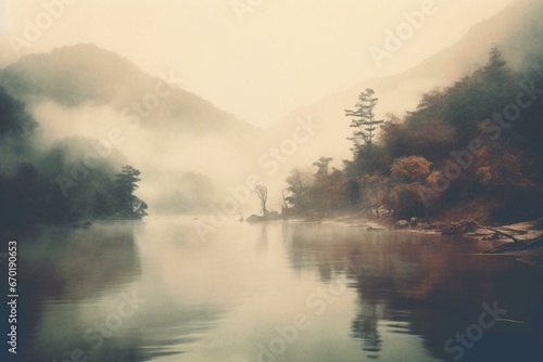 Voluminous fog over a serene river with tranquil duotone colors. Generative AI