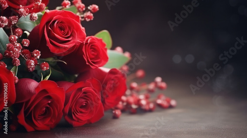Romantic bouquet of red roses on blurry black background  Happy Valentine Day  Love  Anniversary Celebration  Copy space. Generative AI