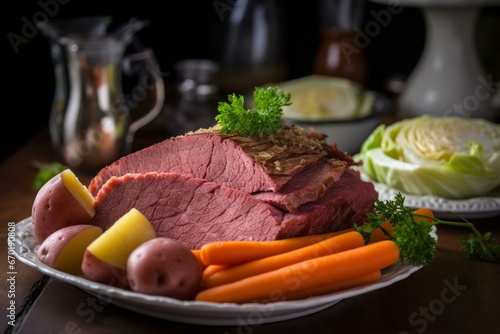 Close-up of a traditional Irish corned beef and cabbage dish on St. Patrick's Day. Generative AI photo
