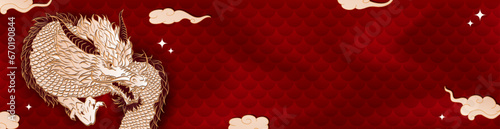 Template of red panoramic banner with golden chinese dragon, clouds, stars, dragon scales and empty space for text. New Year 2024, Christmas blank header in asian style. 