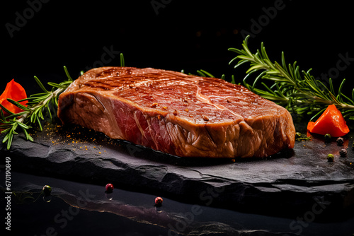 Beef rump steak on black stone table. Photo for the menu.