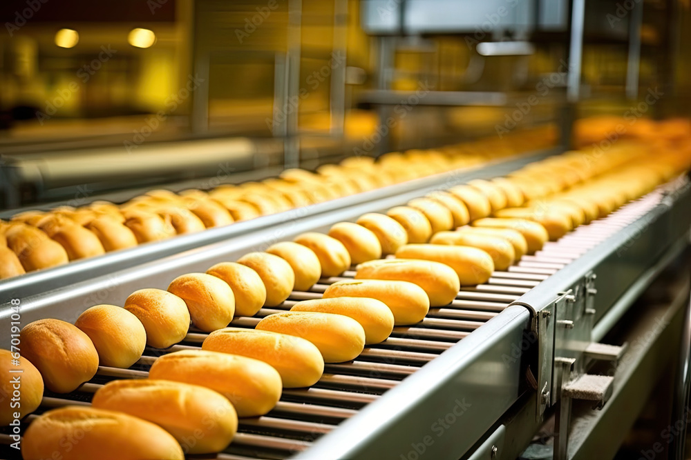 conveyor belt at factory with bread
