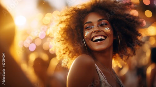 Young black woman dancing in the crowd at outdoor music festival, golden hour, generative ai