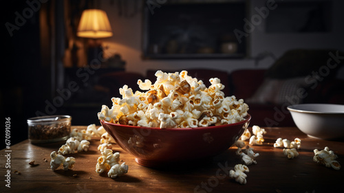 popcorn in bowl on table