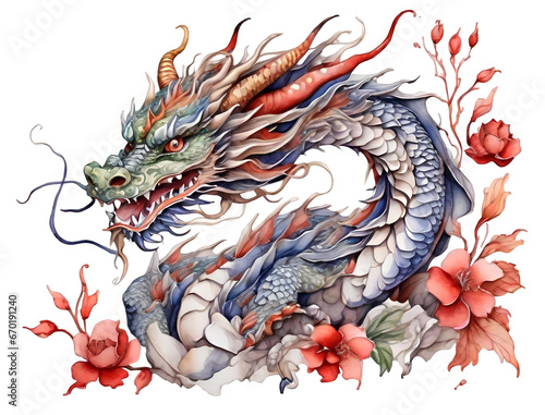 Watercolor illustration of a Chinese dragon with flowers. Happy chinese new year © Logvin art