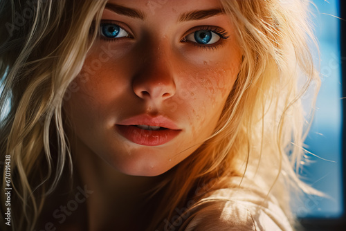 Blonde awesome superior sneaky girl with blue eyes and freckles and arrogant mocking superior smile.