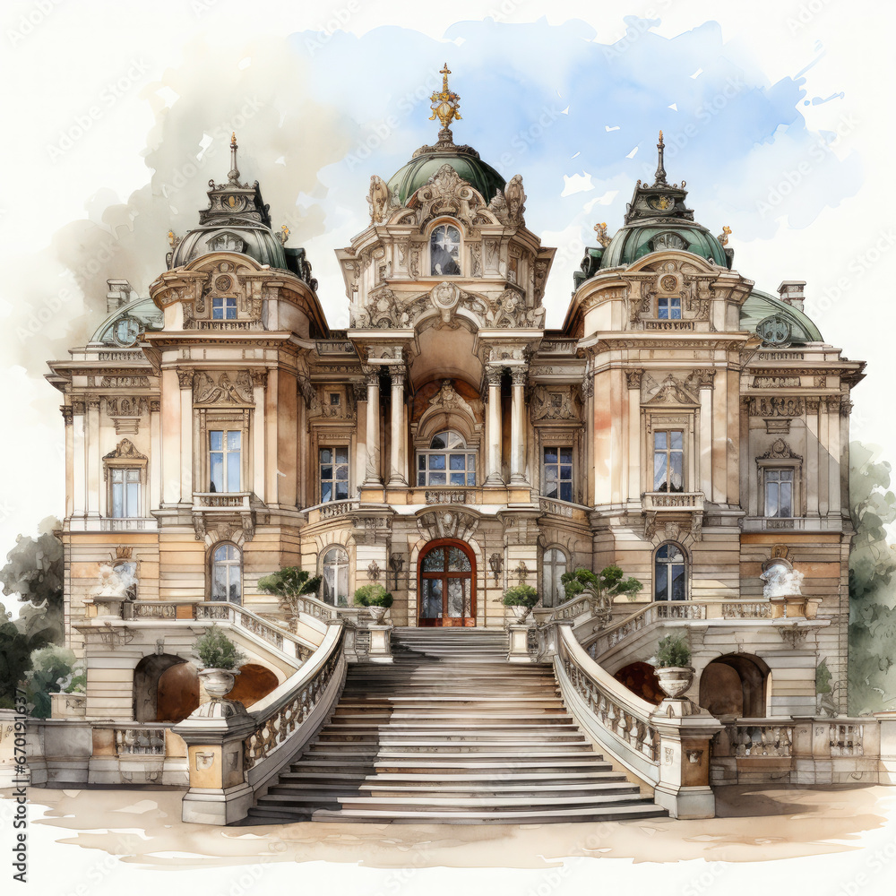 Waterco Palace of Versailles white background illustration, Generative Ai