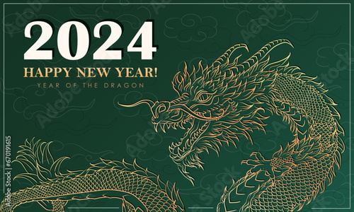 Holiday banner with hand drawn clouds and Asian dragon for 2024 Lunar New Year. Dragon as Chinese traditional horoscope sign on green background. Minimalist greeting card with mascot for Christmas
