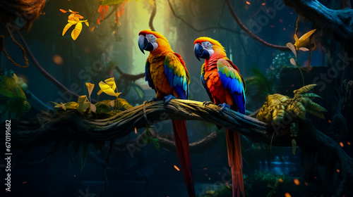 Brightly colored parrots sit on branches in the jungle.