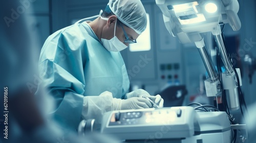 Skilled Surgeon Operating High-Tech Robotic Surgical System in Operating Room