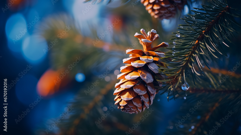 Beautiful long orange pine cone and branches, close - up macro shot at winter.