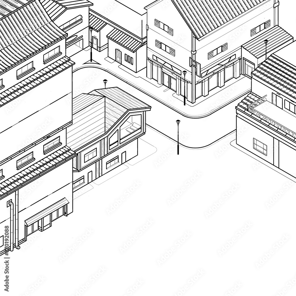sketch of house city isometric view architectural drawing on white background 