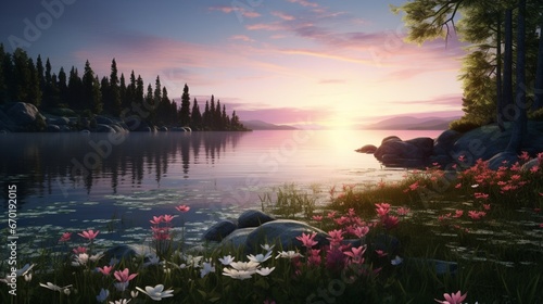 A serene lakeside landscape with the reflection of the evening sky in the water, framed by a profusion of Twilight Trillium flowers in full bloom along the shore.