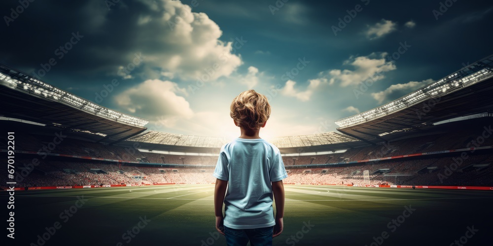 Little kid from the back standing in the middle of football stadium and dreaming become football soccer player - obrazy, fototapety, plakaty 