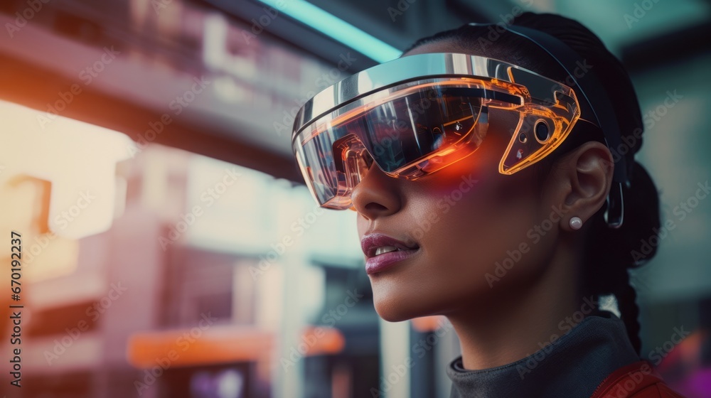 Person Wearing Augmented Reality Glasses with AI-Enhanced Real-Time Business Insights Person Wearing Augmented Reality Glasses with AI-Enhanced Real-Time Business Insights