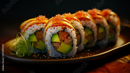 California sushi roll with crab, avocado, cucumber and Tobiko caviar served. Japanese food.