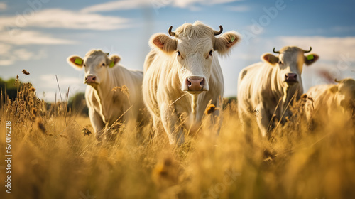 French Charolais cows gracefully roaming in a picturesque meadow on a sunny day.