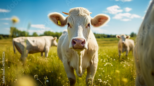 French Charolais cows gracefully roaming in a picturesque meadow on a sunny day.