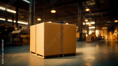 Cardboard box on warehouse floor, compact and ready for delivery and assembly. photo