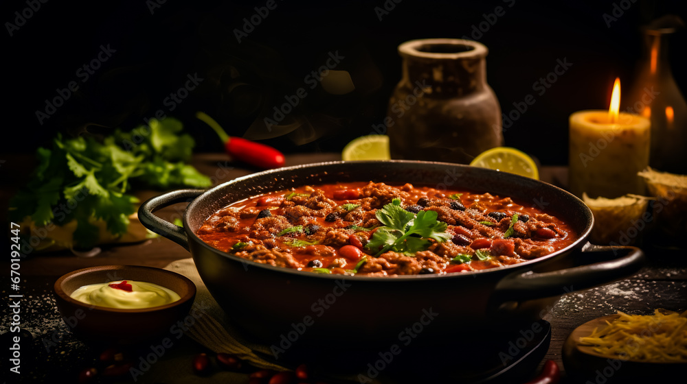 Chilli con carne soup on a dark background. Mexican food. Healthy food concept.