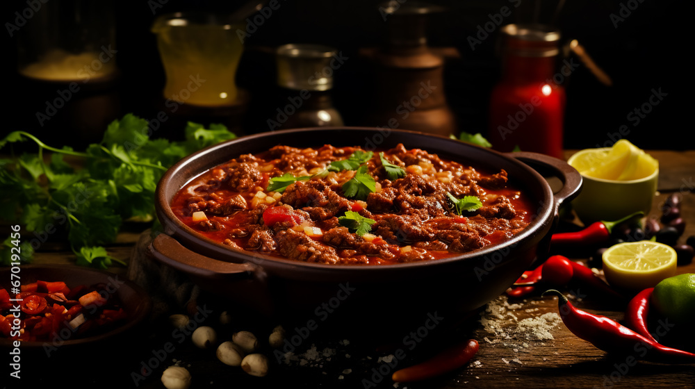 Chilli con carne soup on a dark background. Mexican food. Healthy food concept.