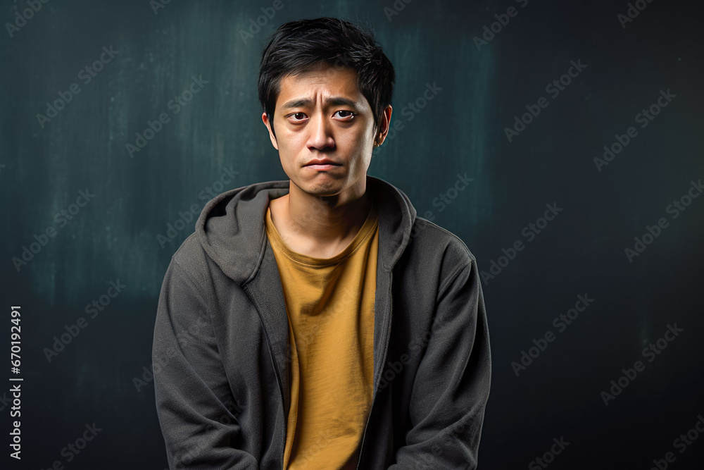 Portrait of a young Asian man wearing a hoodie and looking angry