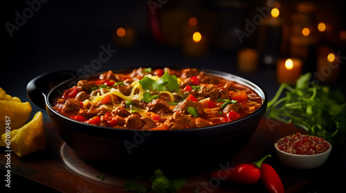 Chilli con carne soup on a dark background. Mexican food. Healthy food concept.