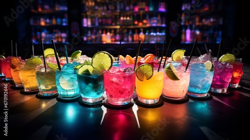 Cocktails arranged neatly on a bar top, illuminated by neon lights. © Creative artist1