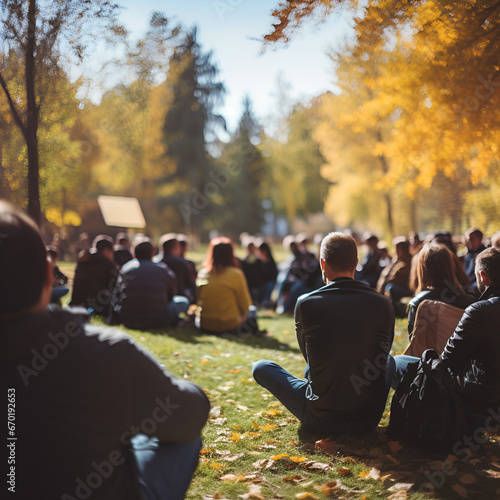 Sunny Fall Day Seminar in the Park: Blurred Audience at a Meeting and Conference, Generative AI