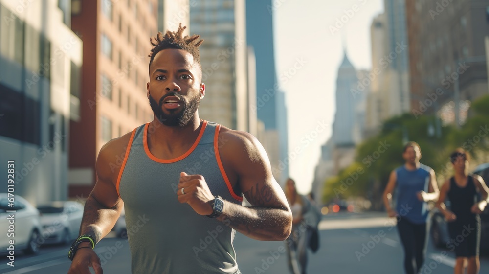 Mid adult African American man is jogging outside Mid adult African American man is jogging outside