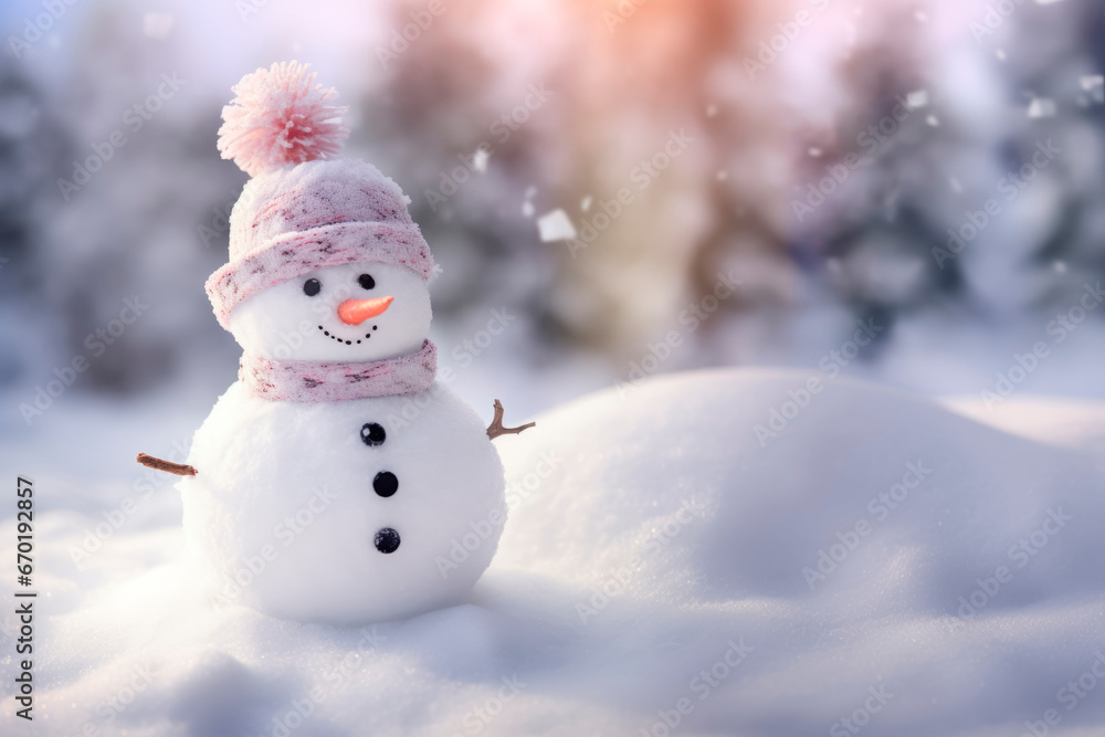 A snowman standing on the background of a winter landscape 