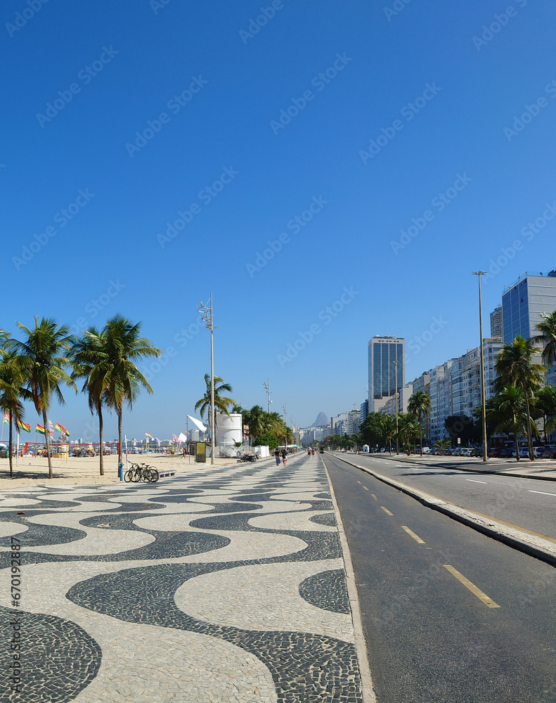 Famous sidewalk with mosaic of Copacabana and Leme beach in Rio de Janeiro Brazil